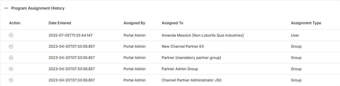 Program Assignment History table — showing assigned by, assigned to, type, and date