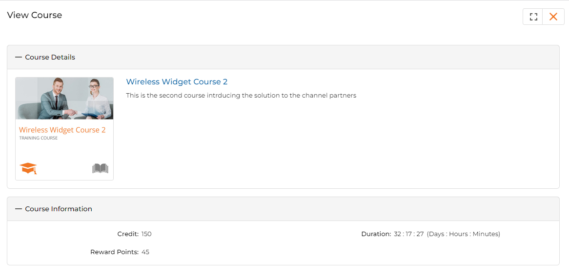 View Course panel showing course details and information sections