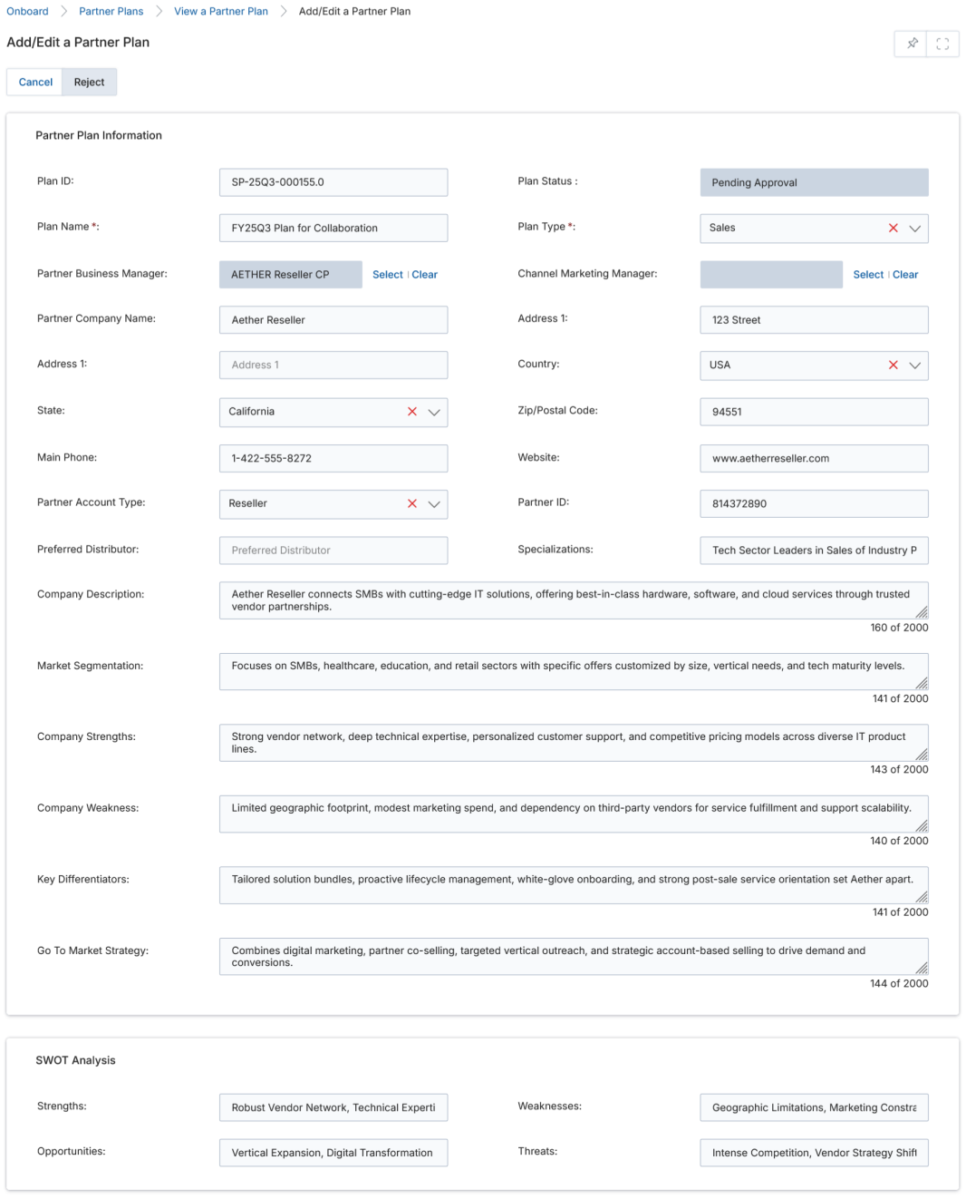 Add/Edit a Partner Plan — Reject mode showing the full plan form with Cancel and Reject buttons, Partner Plan Information and SWOT Analysis sections