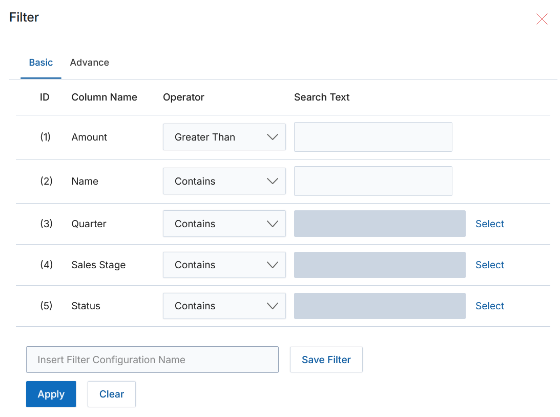 Basic Filter — Amount, Name, Quarter, Sales Stage, and Status with operator dropdowns