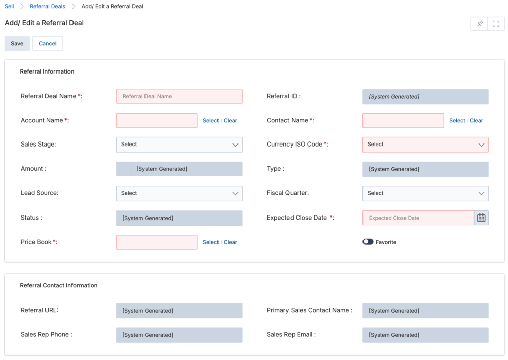 Add/Edit a Referral Deal form showing Referral Information and Referral Contact Information sections with required fields highlighted