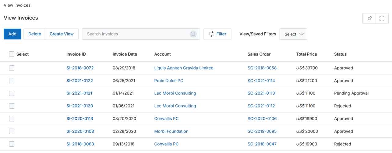 View Invoices list showing Invoice ID, Invoice Date, Account, Sales Order, Total Price, and Status columns