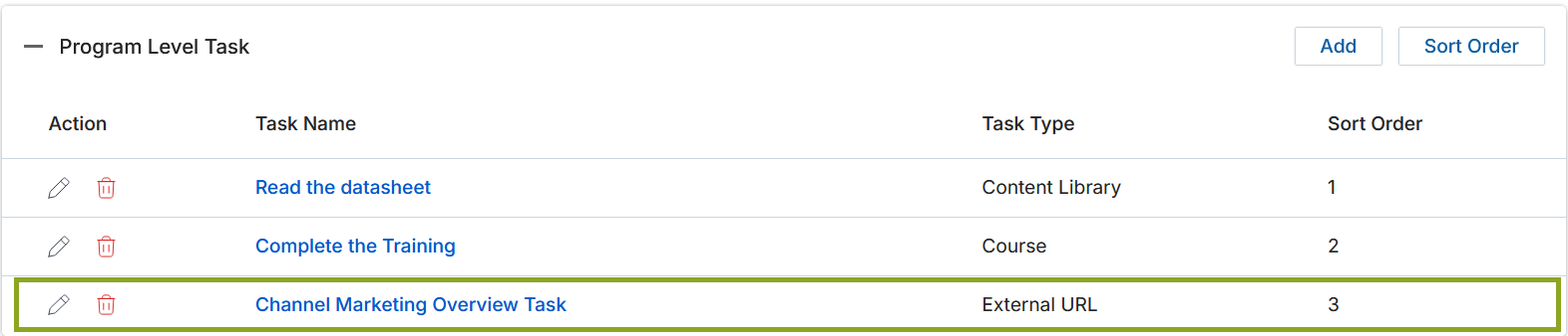 Program Level Task section — showing task list with Task Type and Sort Order columns