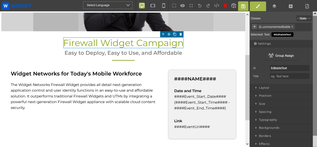 HTML Editor — ucmcontenteditable class highlighted on a specific span element