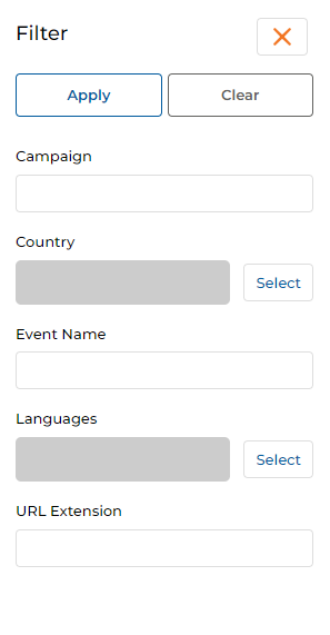 Filter popup panel showing Apply and Clear buttons, and filter fields: Campaign text field, Country (Select button), Event Name text field, Languages (Select button), URL Extension text field
