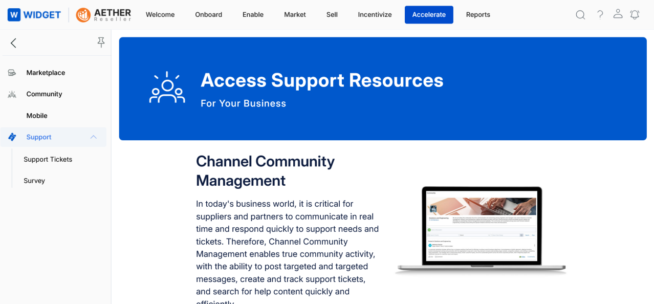 UPM portal showing Community section in left navigation with Support → Support Tickets and Survey sub-items; main content area shows Access Support Resources banner and Channel Community Management section describing ticket tracking capabilities