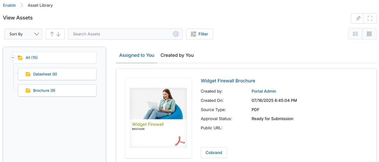View Assets list view showing Assigned to You / Created by You tabs and asset details