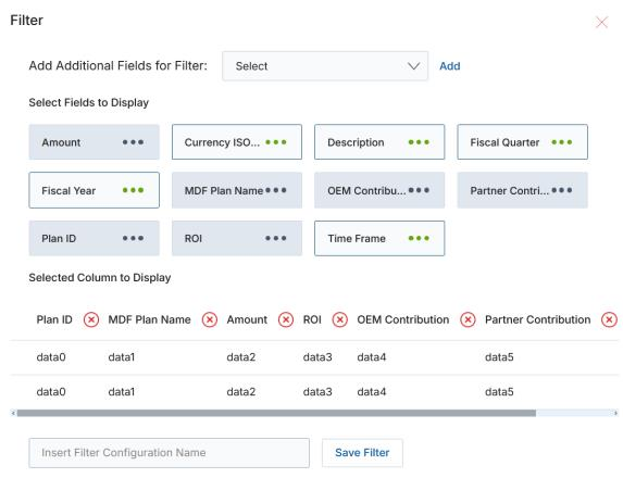 Filter panel for creating a custom MDF Plans view with selectable fields