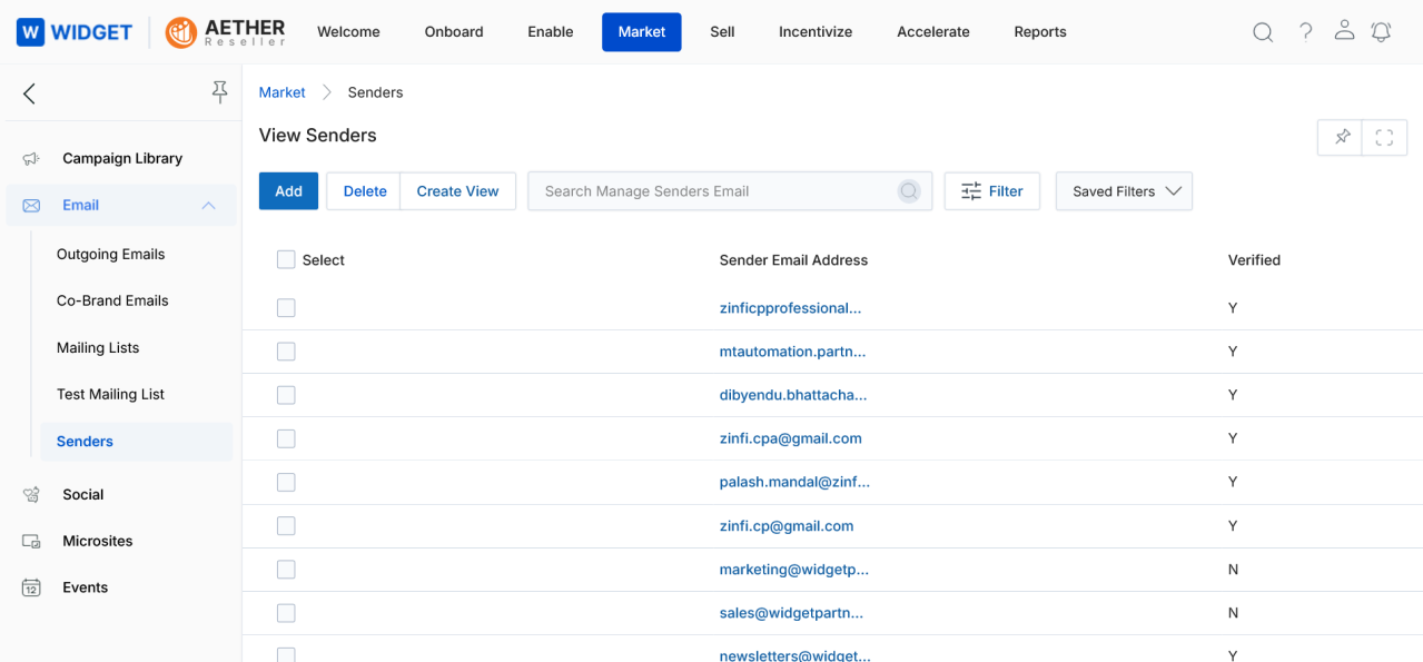 View Senders page showing Add, Delete, Create View buttons and Filter, Saved Filters controls. Table shows Select, Sender Email Address, Verified columns with multiple sender email rows — zinficp.professional, mtautomation.partn, dibyendu.bhattacha, zinfi.cpa@gmail.com, palash.mandal@zinf, zinfi.cp@gmail.com (all Y verified), marketing@widgetp, sales@widgetpartn (N verified), newsletters@widget (Y verified)