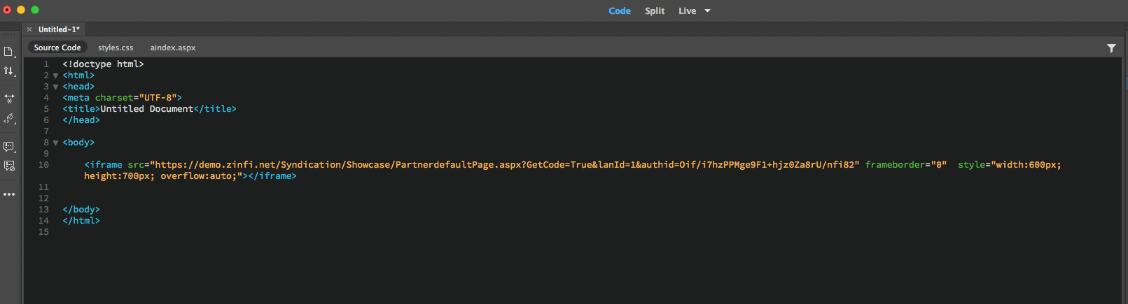 Code editor showing an HTML page source with an embedded iFrame pointing to a ZINFI syndication URL with width 1300px style