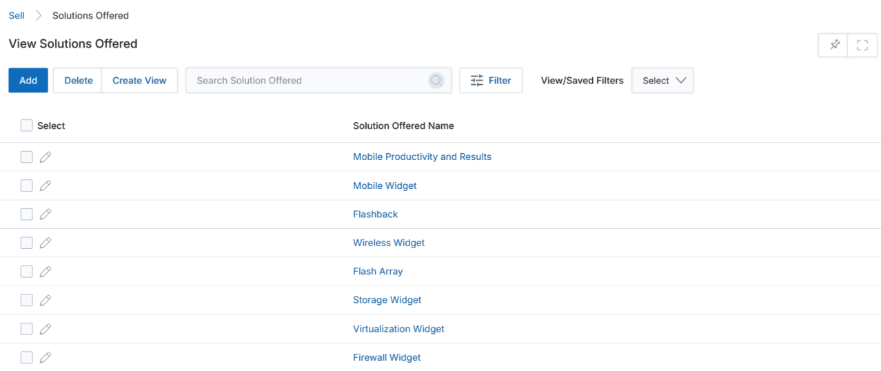 View Solutions Offered — toolbar with View/Saved Filters and Select controls