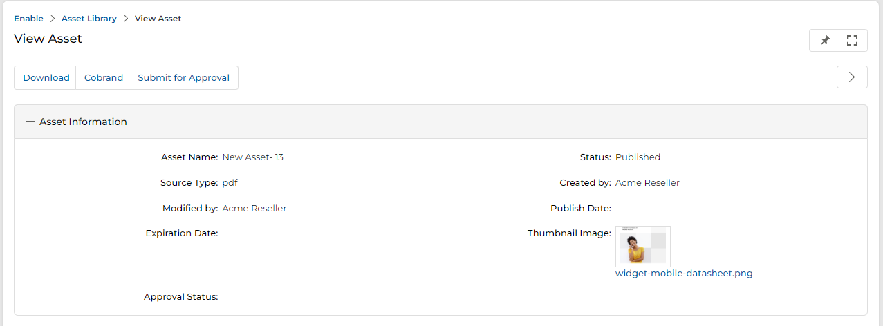 View Asset details page showing Download, Cobrand, Submit for Approval buttons and Asset Information section