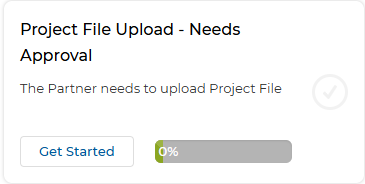 Project File Upload – Needs Approval task card with Get Started button at 0%