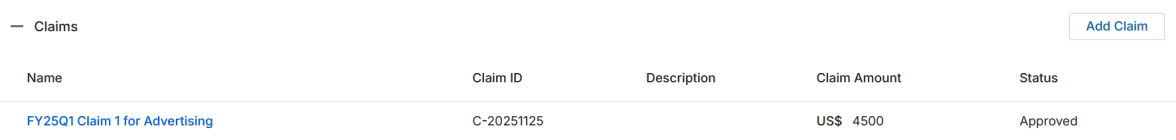 Claims related list showing Name, Claim ID, Description, Claim Amount, and Status columns with an Add Claim button