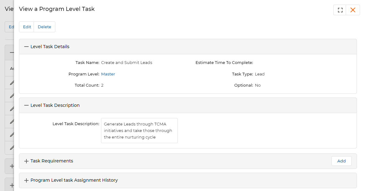 Add/Edit a Task Requirement — Lead type with Total Count field