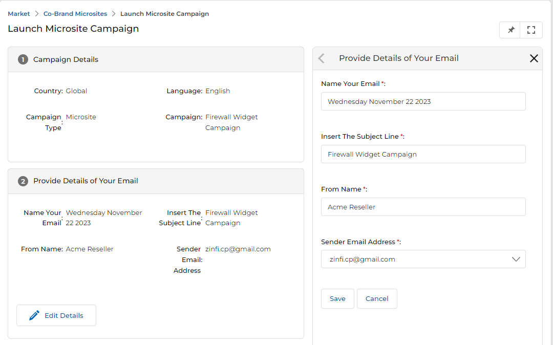 Provide Details of Your Email section showing Name Your Email, Subject Line, From Name, Sender Email Address fields with Edit Details button