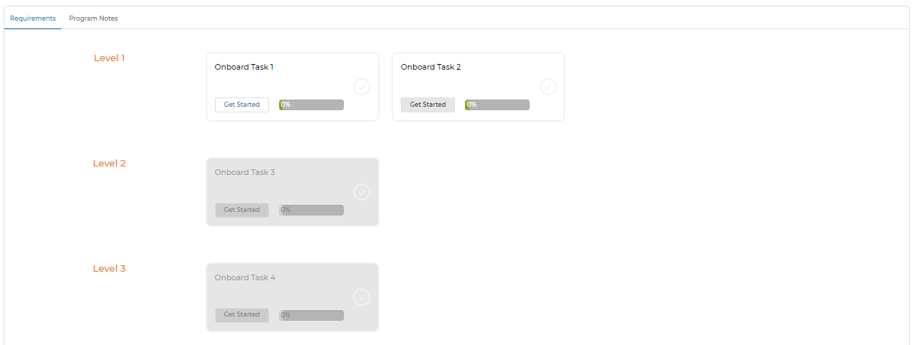 Program Information — Level 1 (Tasks 1 & 2 active, Get Started); Level 2 (Task 3 greyed/inactive); Level 3 (Task 4 greyed/inactive)