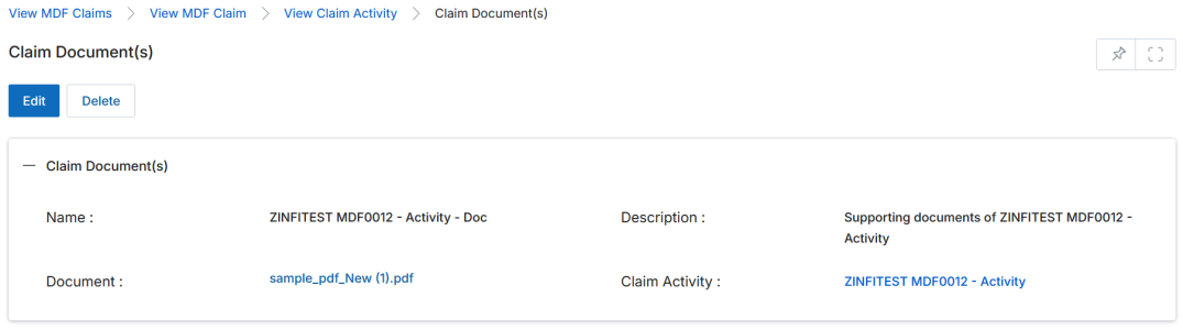 Claim Document(s) page showing Edit and Delete buttons and fields: Name, Document (downloadable link), Description, Claim Activity