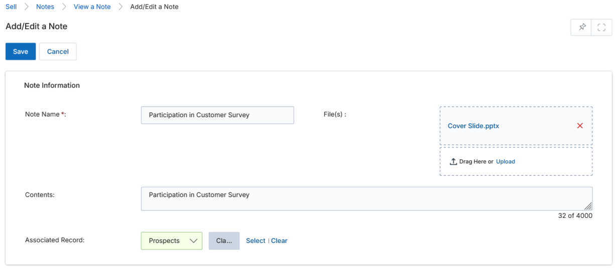 Add/Edit a Note form — Note Name, File(s) upload, Contents, and Associated Record