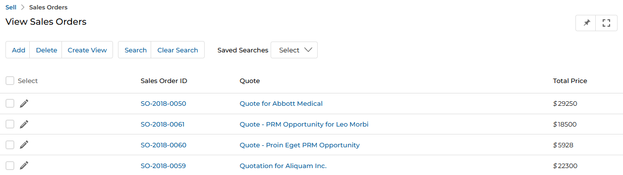 Invoices related list on a Sales Order showing Action, Name, Account Name, Total Quantity, Invoice Date, and Total Price columns