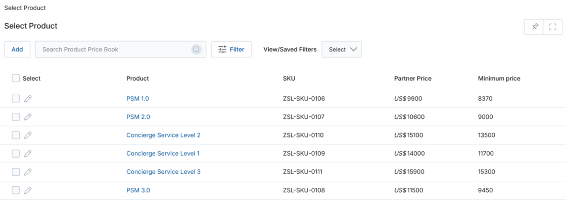 Select Product page showing Product, SKU, Partner Price, and Minimum Price columns