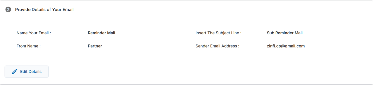 Edit Details sidebar panel with editable fields for Name Your Email, Insert The Subject Line, From Name, and Sender Email Address with Save and Cancel buttons