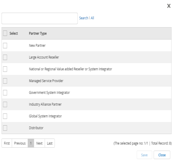 Partner Contacts sub-table — Name, Title, Account Name, Email columns with Add button