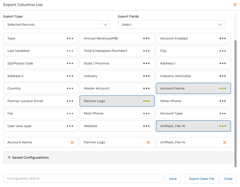 Export Columns List — Account Name, Partner Logo, and zinfitest_File 14 selected for export
