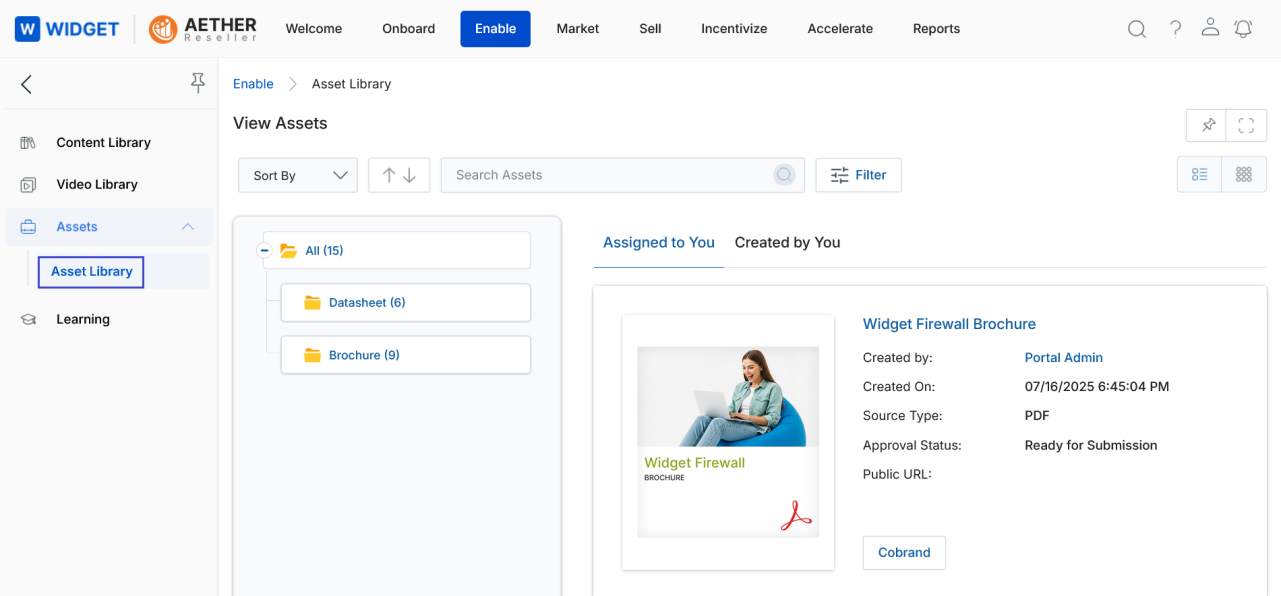 View Assets page in List View showing a Widget Firewall Brochure card with Cobrand button
