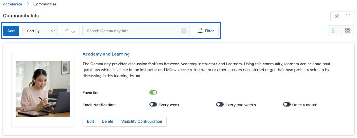 Community Info list page showing the Add, Sort By, and Filter toolbar actions