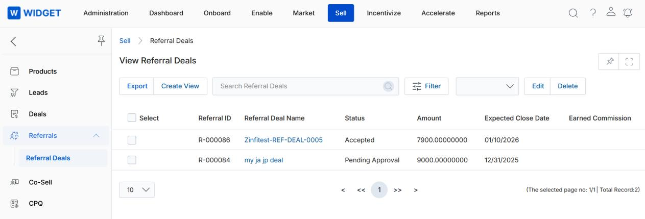 View Referral Deals — listing showing Referral ID, Referral Deal Name, Status, Amount, Expected Close Date, Earned Commission columns