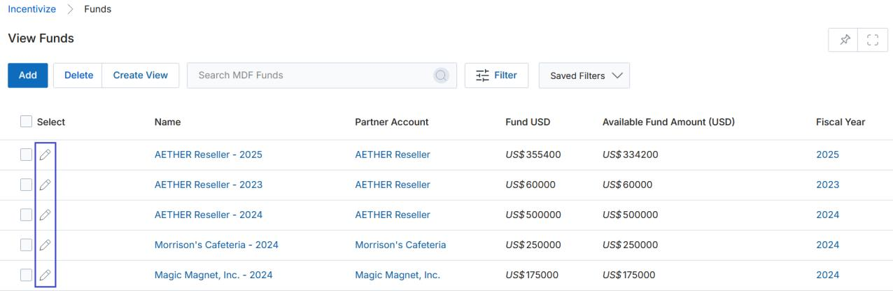 Add/Edit a MDF Fund form showing Name, Partner Account, Remaining Fund (system generated), Fund Total, Fiscal Year, and Currency ISO Code fields