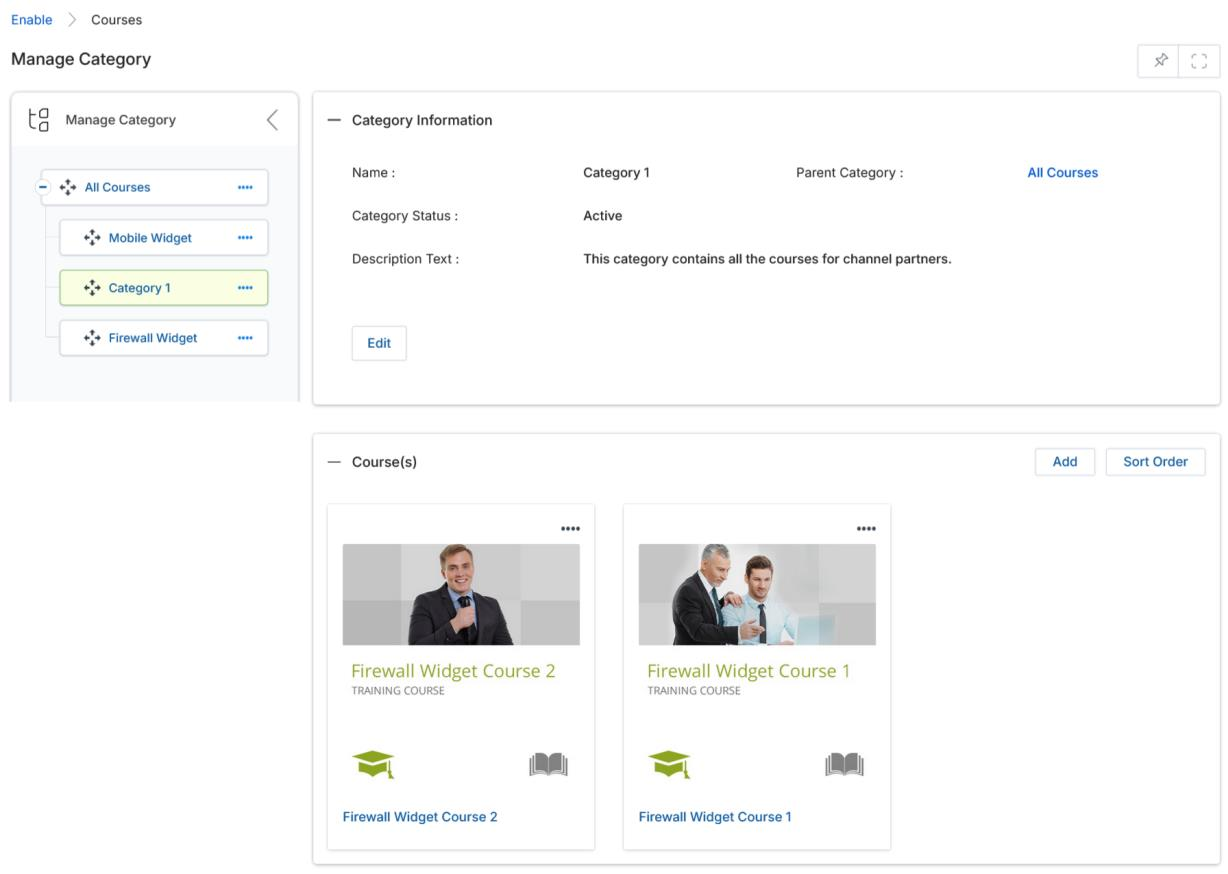 Manage Category page showing category tree on the left with All Courses, Mobile Widget, Category 1, and Firewall Widget, and Category Information with Courses sub-section on the right