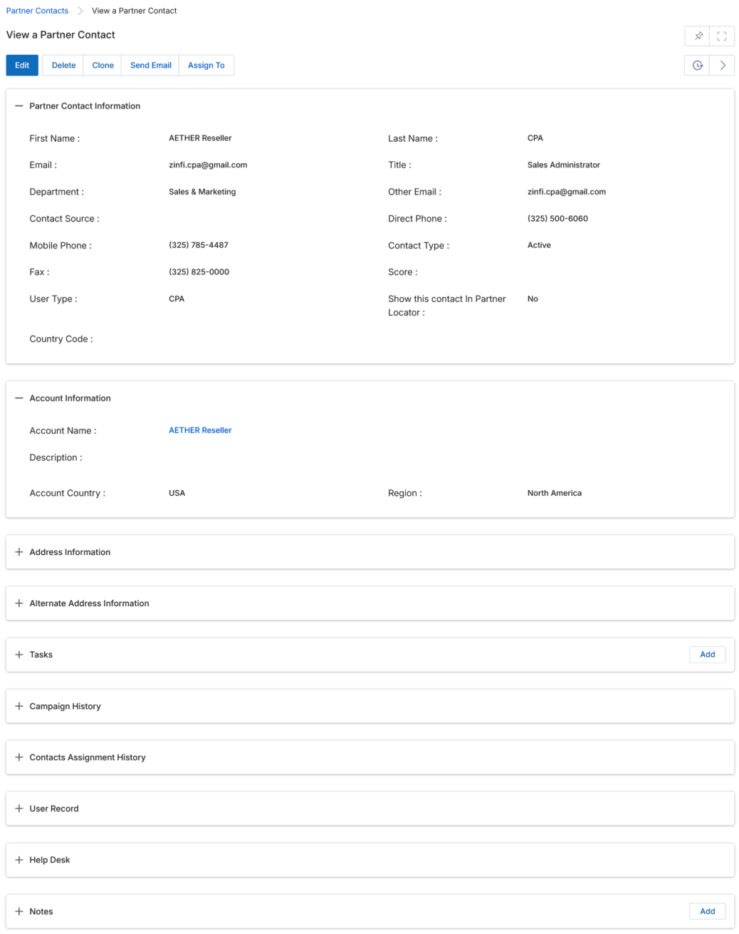 View a Partner Contact detail page — Partner Contact Information, Account Information, and all sub-table sections