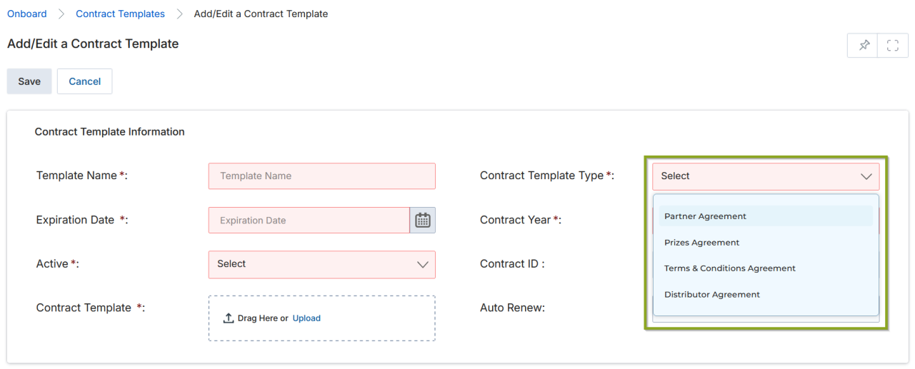 Add/Edit a Contract Template — form with Template Name, Contract Template Type dropdown expanded showing all four types