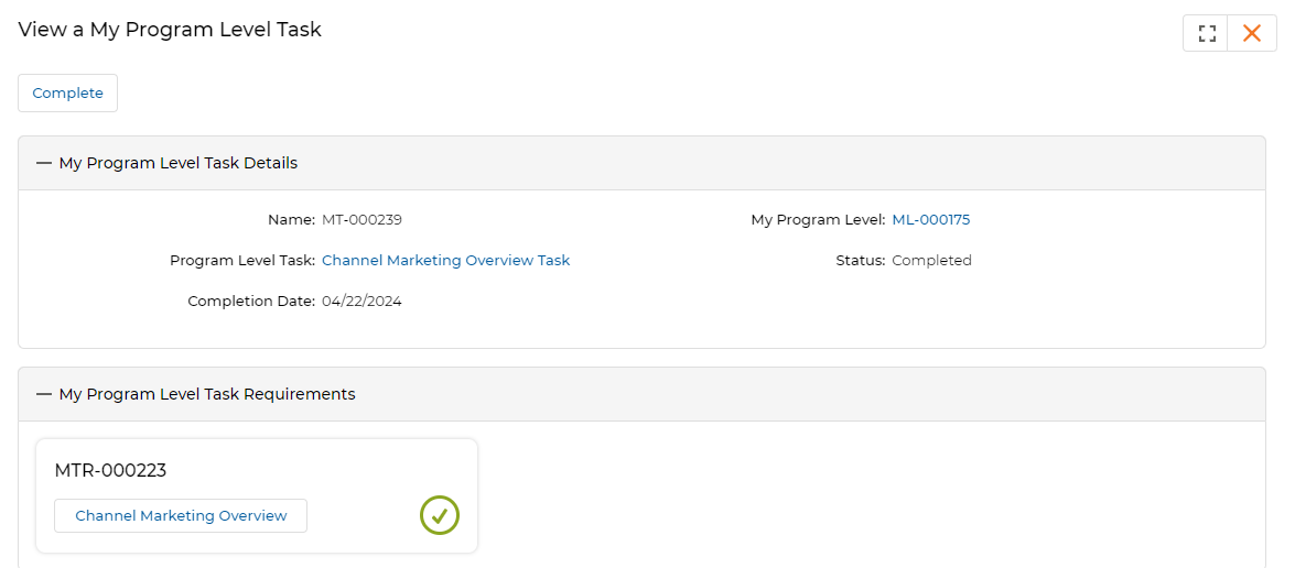 View a My Program Level Task — Channel Marketing Overview Task; Status: Completed; Completion Date: 04/22/2024; Requirement button: Channel Marketing Overview (with green tick)