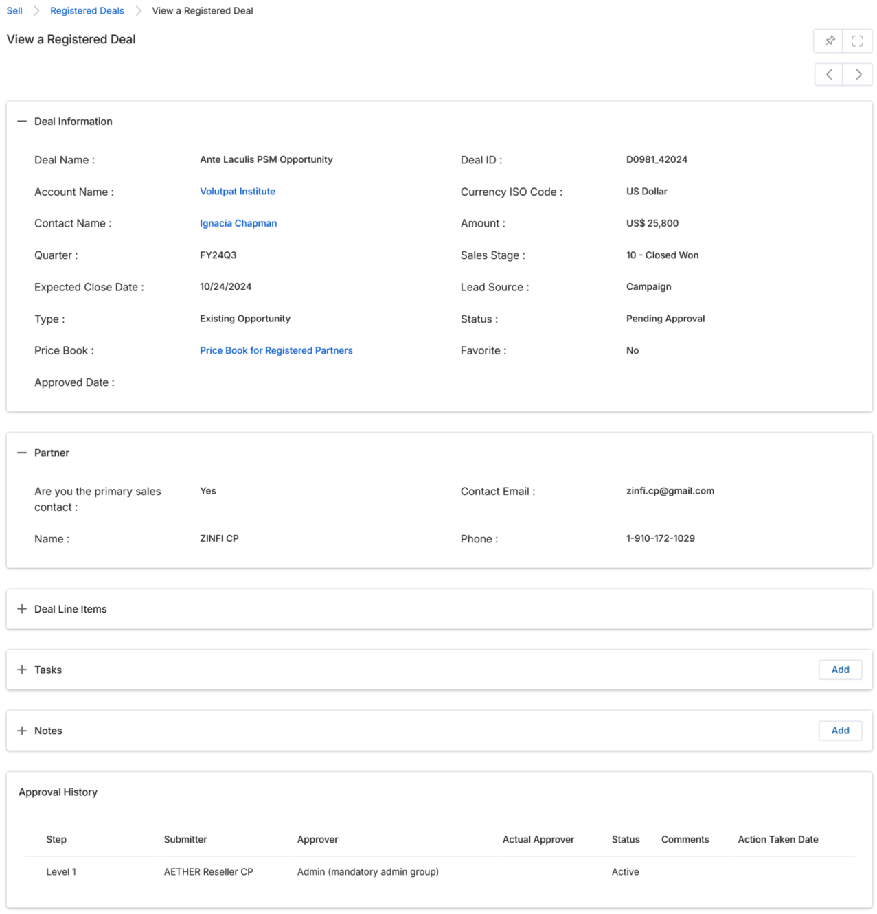 View a Registered Deal showing Status: Pending Approval and Approval History with Level 1 step in Active state