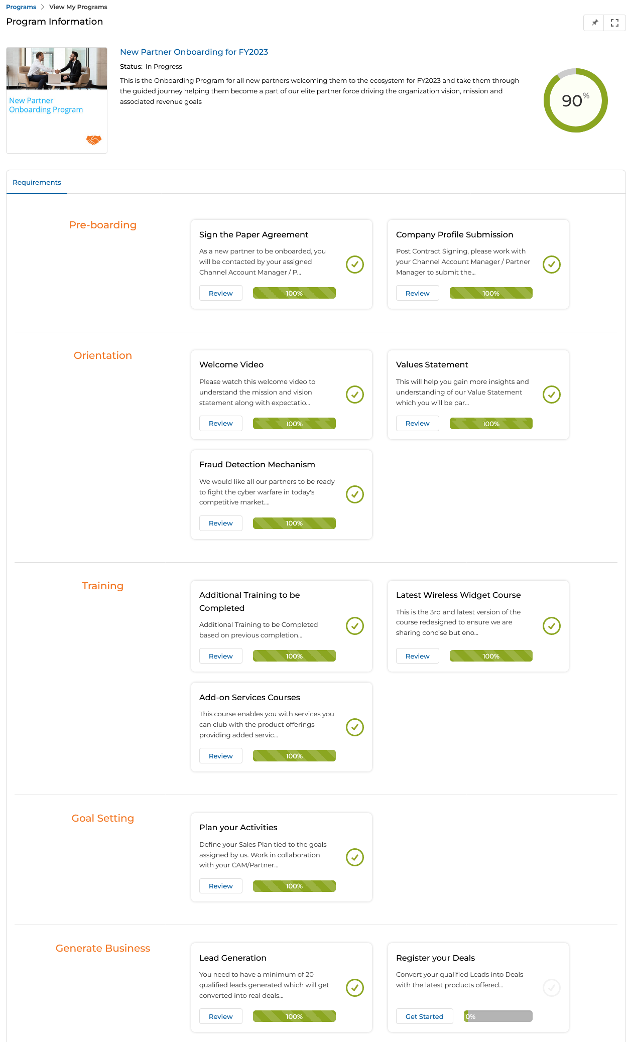 Program Information page at 90% — Lead Generation completed (Review/100%), Register your Deals Get Started now active