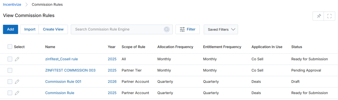 Create New View filter panel for Commission Rules showing available fields and selected columns