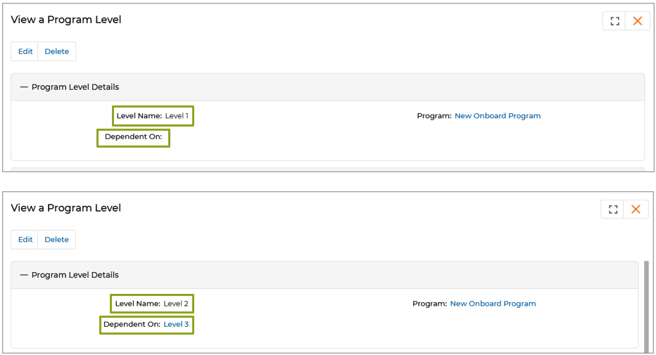 Level 2 — Program Level Details with Dependent On set to Level 3