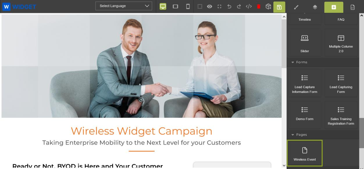 Campaign Library — Wireless Widget BYOD Campaign card with Get Started button and tactic counts (Email, Microsite, Event, Multi-Touch)