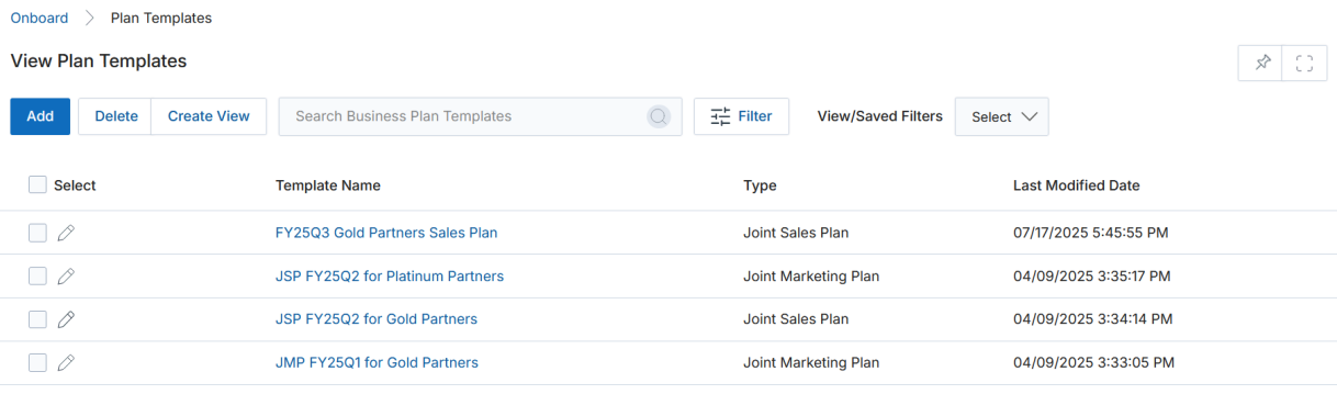 View Plan Templates — Add button highlighted in toolbar