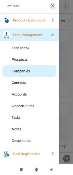 Companies sub-menu selected and View Companies list showing Company Name and Website