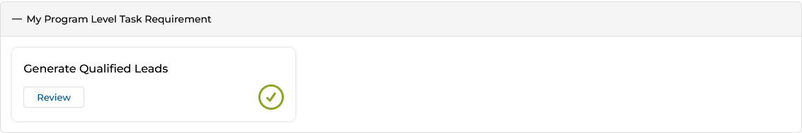 My Program Level Task Requirement — Generate Qualified Leads showing Review button with green tick (requirement met)