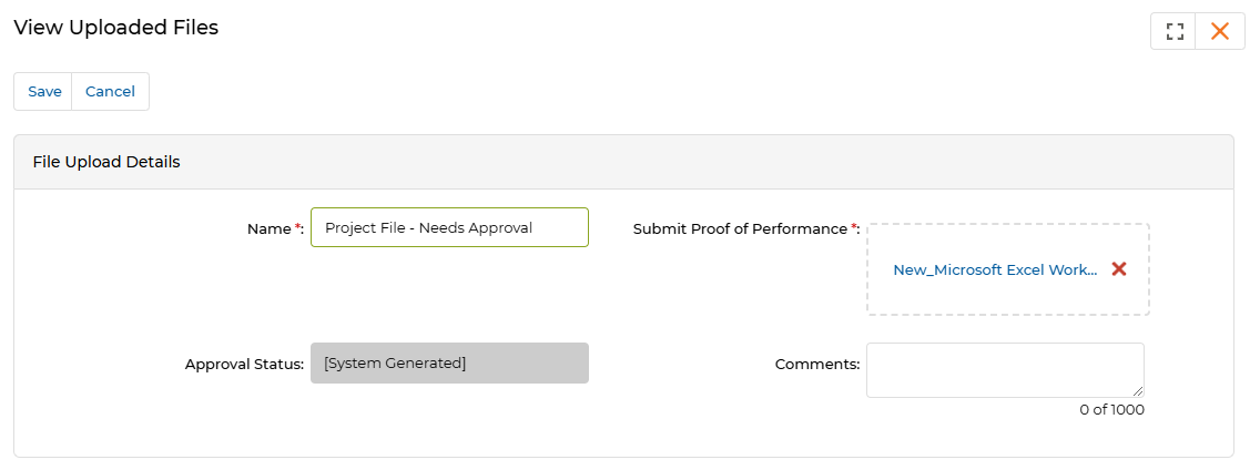 View Uploaded Files — Name: Project File – Needs Approval; Submit Proof of Performance file attached; Approval Status: [System Generated]; Comments field