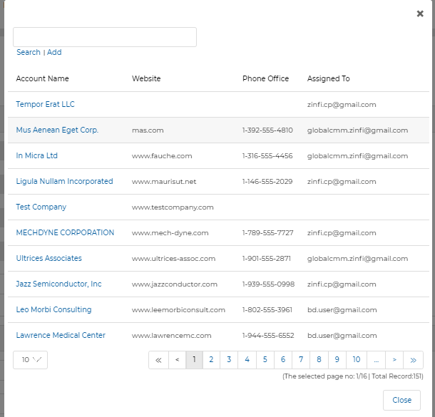 Sales Order detail — Account lookup picker showing Account Name, Website, Phone Office, and Assigned To columns