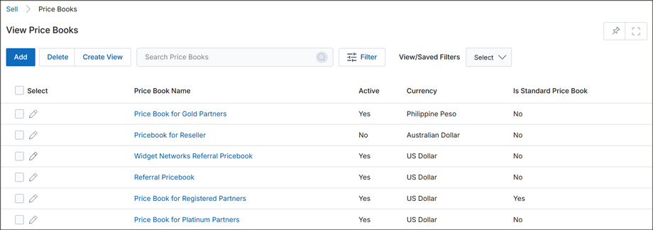 View Price Books — listing before selecting a price book