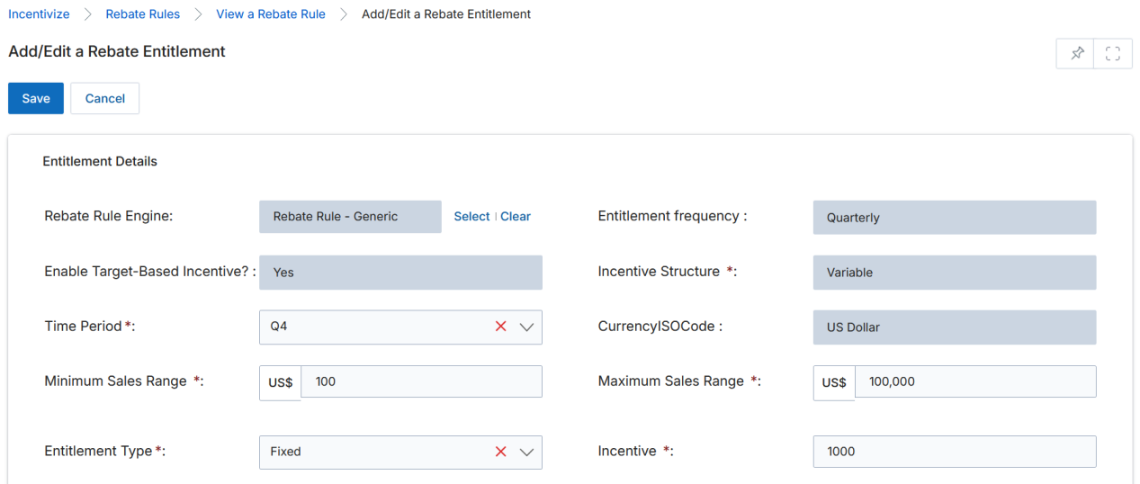 View a Rebate Rule showing Rule Information section plus collapsed Rebate Entitlements and Rebate Product Association related lists, each with an Add button