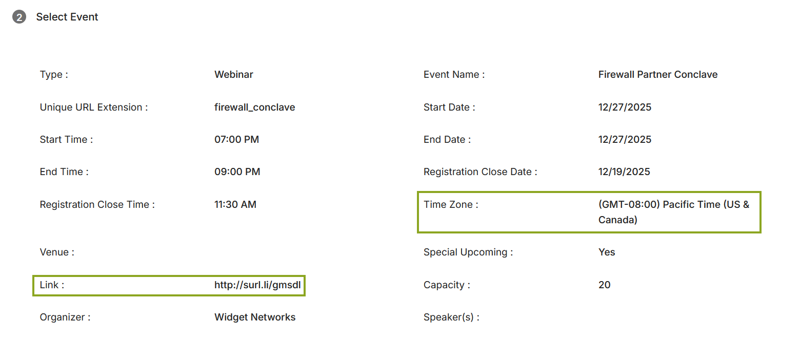 Select Event section showing Webinar type with Link field and no Venue