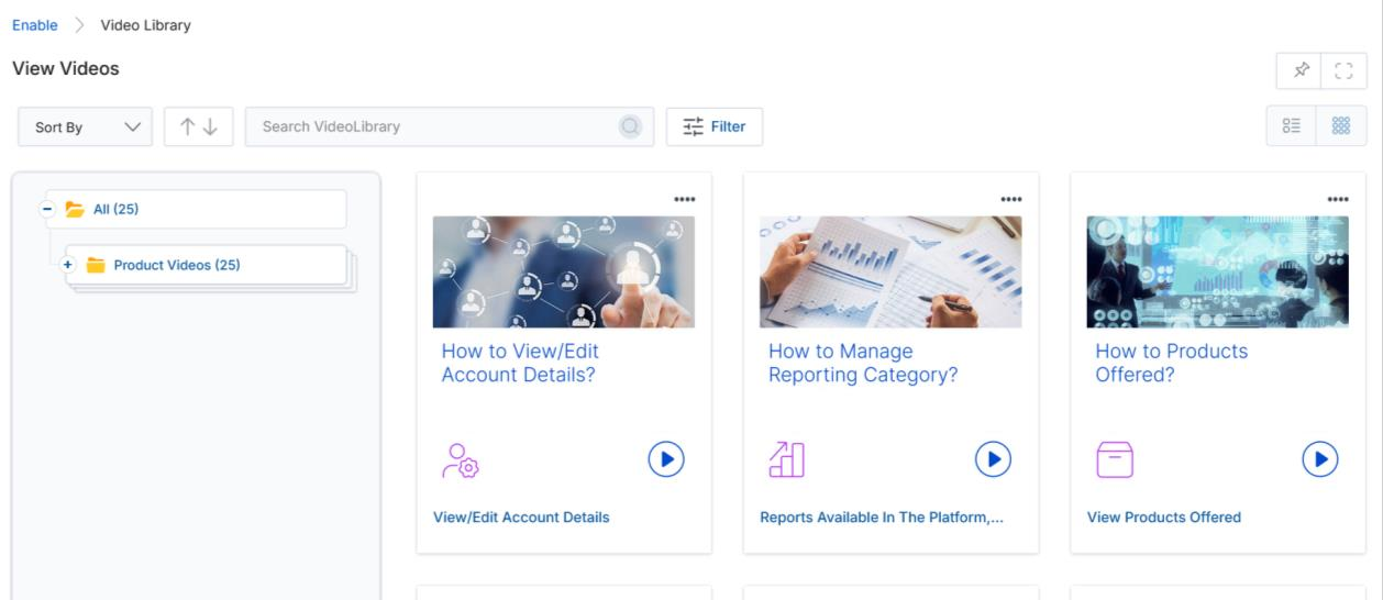 View Videos in Thumb View showing three video cards with thumbnail images, titles How to View Edit Account Details, How to Manage Reporting Category, How to Products Offered